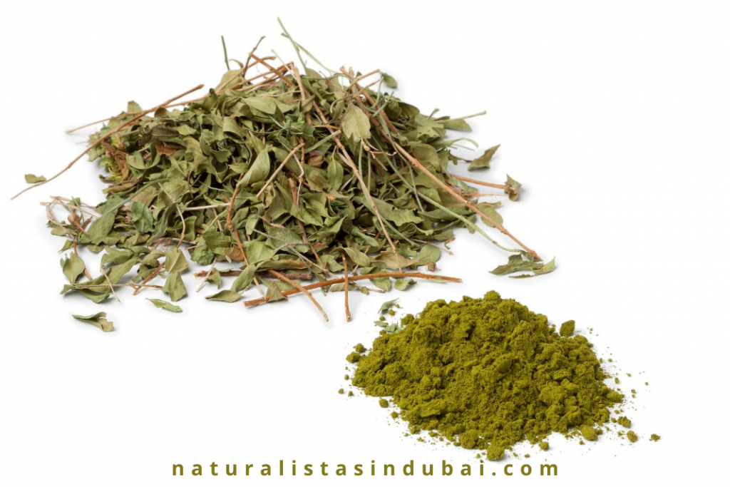 Dried henna leaves and fine henna powder